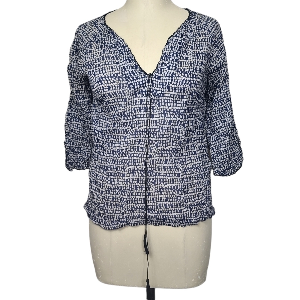 J. Crew Blue White V Neck Tassel Blouse 2